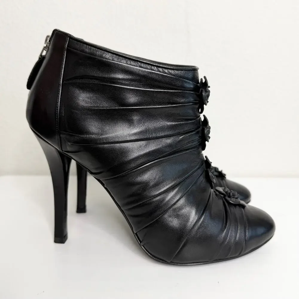 CHANEL Black Ankle Booties Cap Toe Size 37.5 Camellia Flower